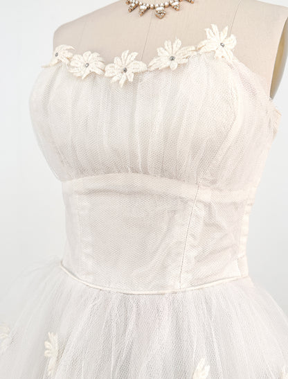 1950s Swan White Lace Floral Tulle Gown with Matching Bolero / Waist 26