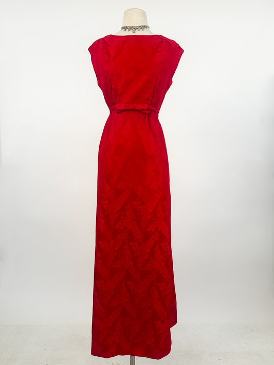 1960s Red Embossed Floral Satin Gown by Emma Domb / Waist 30"