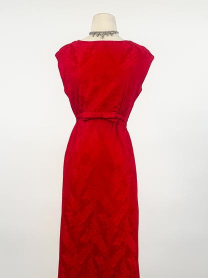 1960s Red Embossed Floral Satin Gown by Emma Domb / Waist 30"