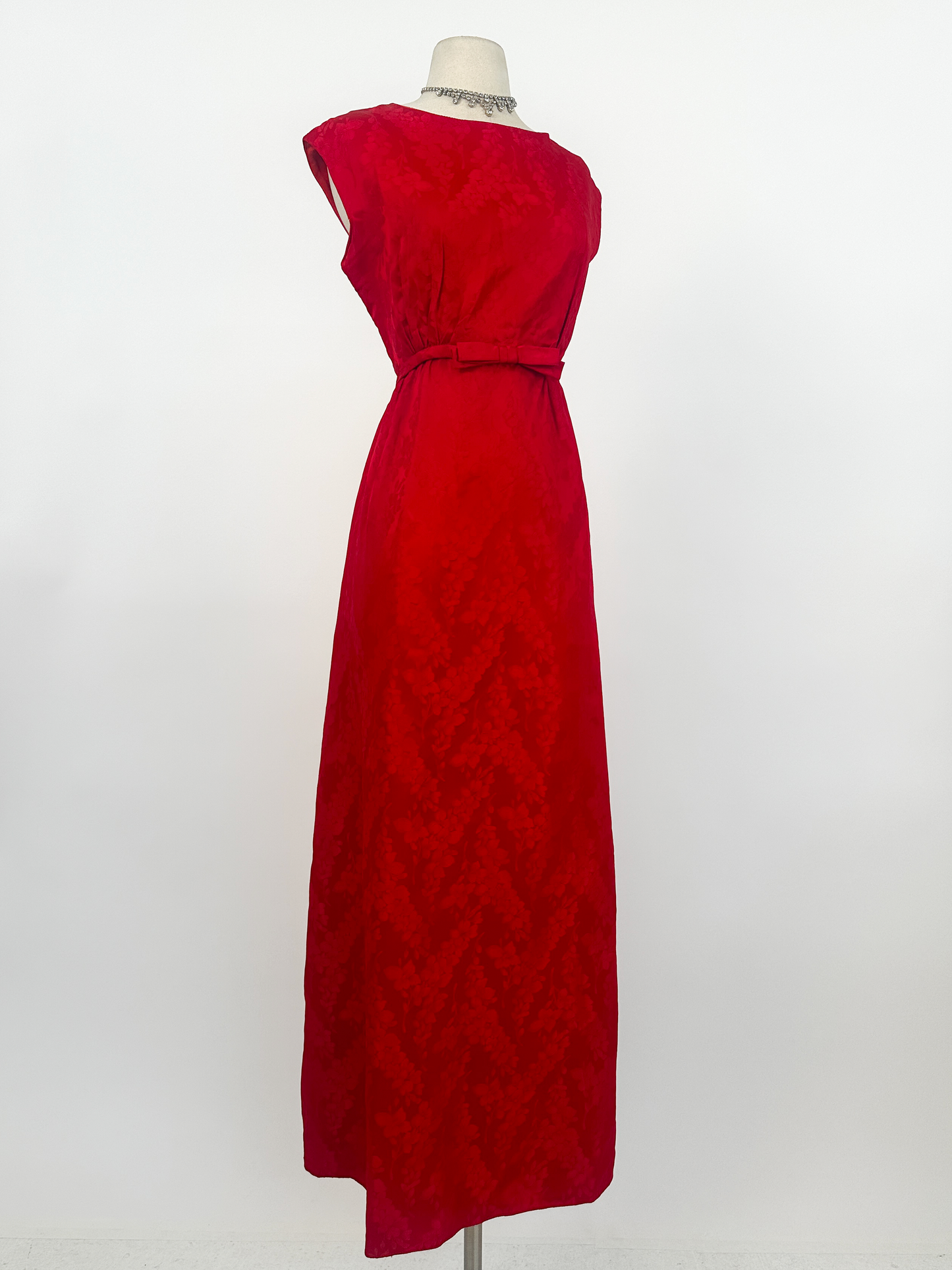 1960s Red Embossed Floral Satin Gown by Emma Domb / Waist 30"