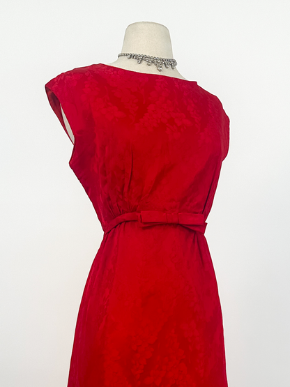 1960s Red Embossed Floral Satin Gown by Emma Domb / Waist 30"