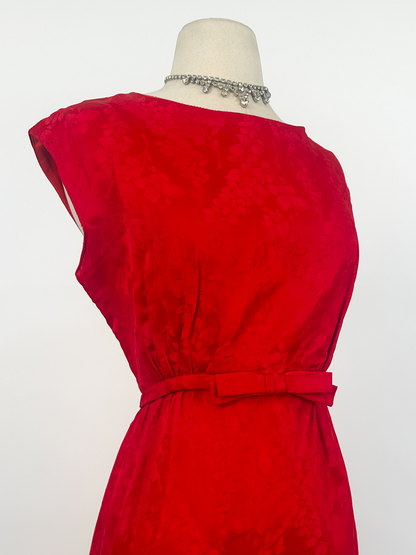 1960s Red Embossed Floral Satin Gown by Emma Domb / Waist 30"