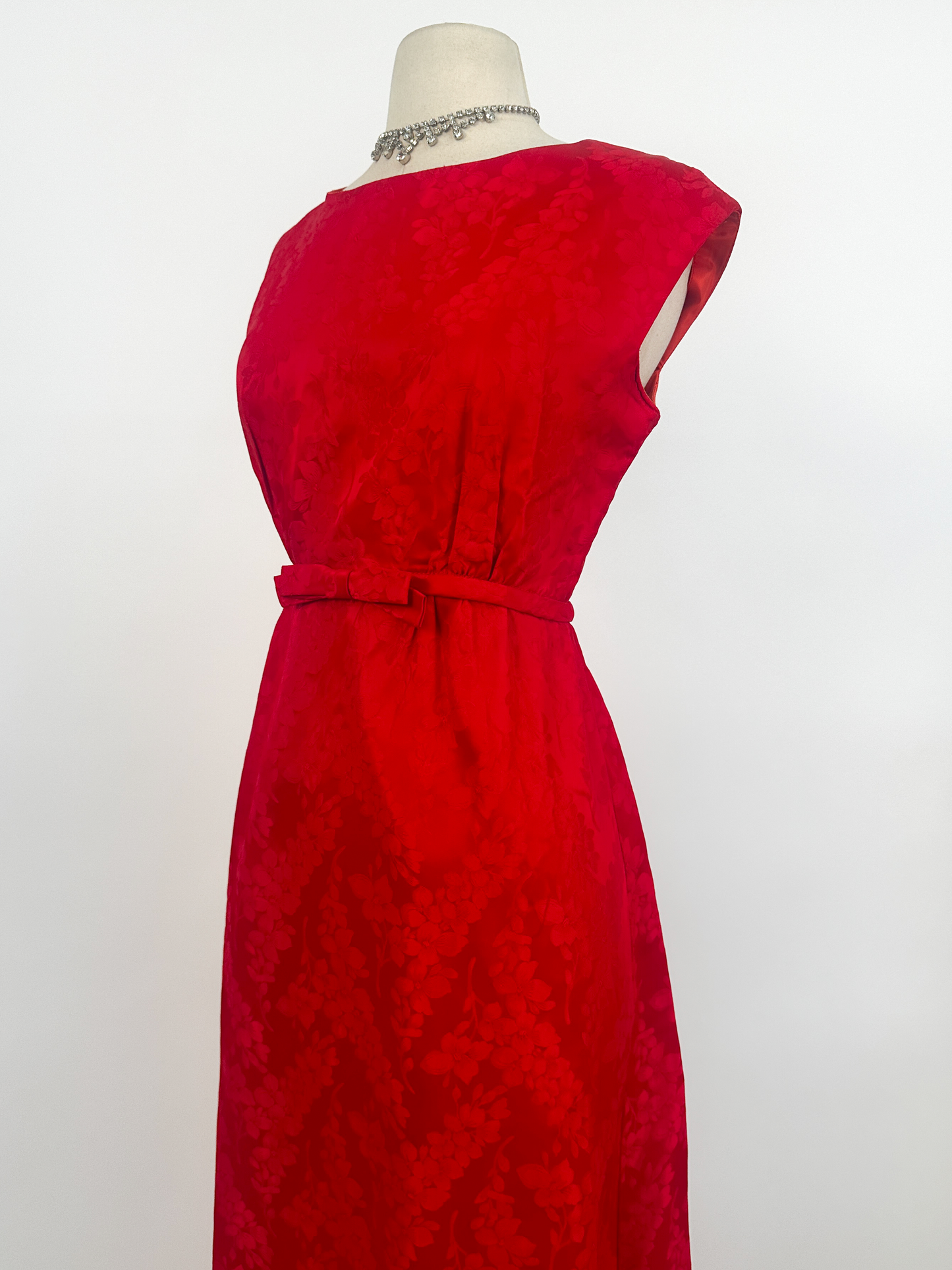 1960s Red Embossed Floral Satin Gown by Emma Domb / Waist 30"