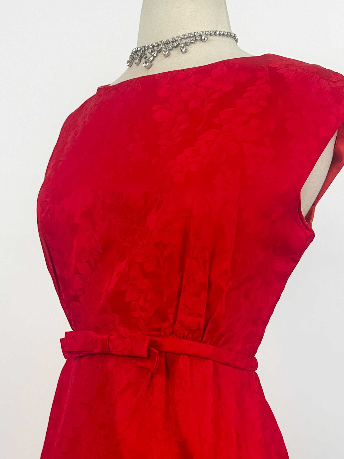 1960s Red Embossed Floral Satin Gown by Emma Domb / Waist 30"