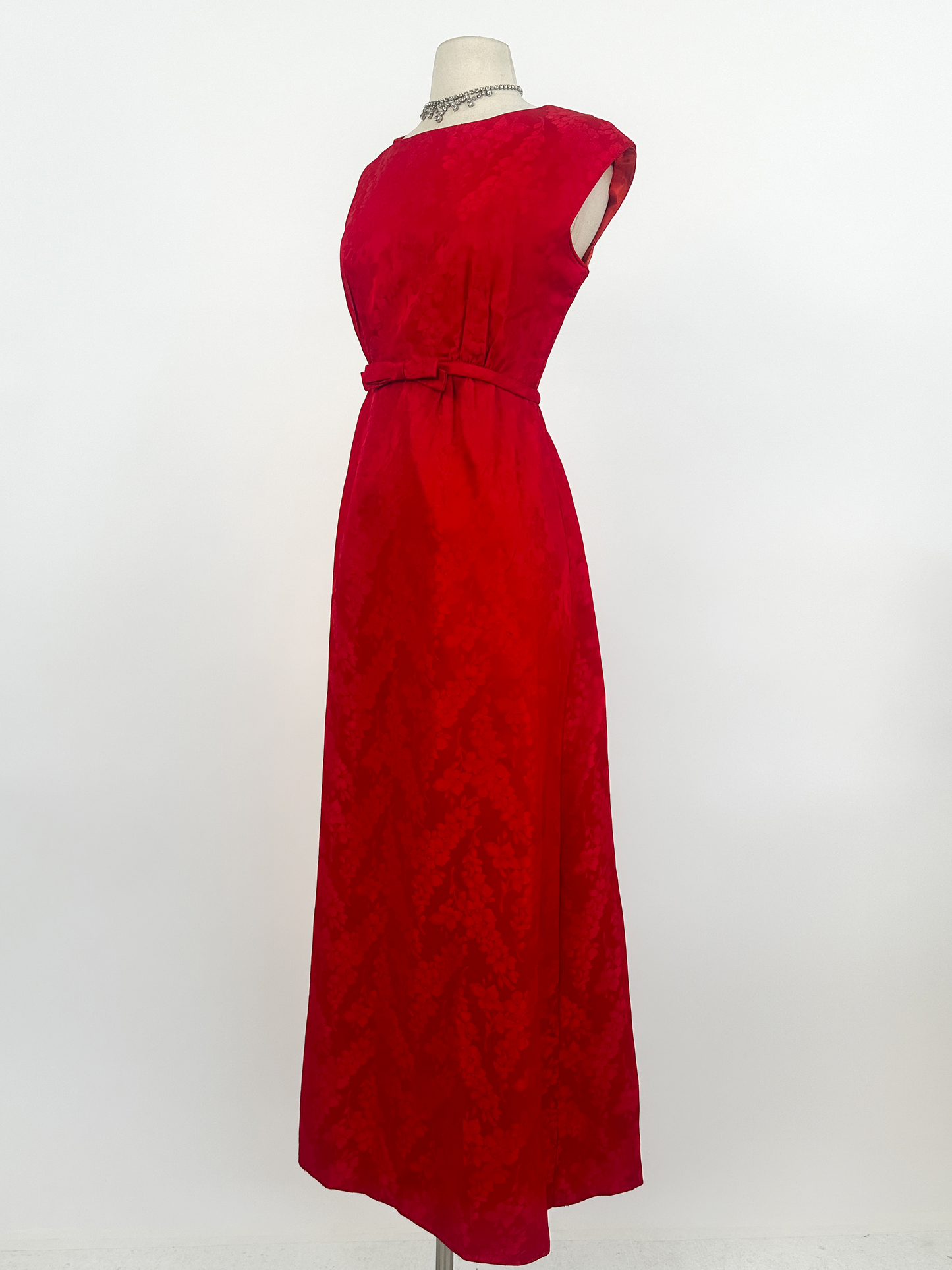 1960s Red Embossed Floral Satin Gown by Emma Domb / Waist 30"