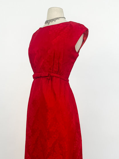 1960s Red Embossed Floral Satin Gown by Emma Domb / Waist 30"