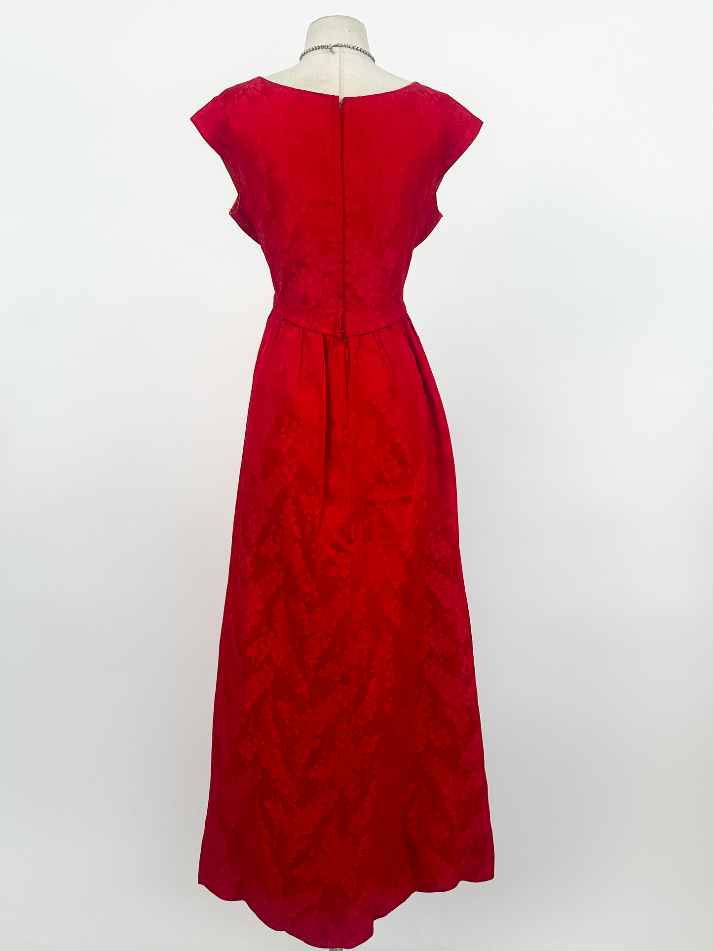 1960s Red Embossed Floral Satin Gown by Emma Domb / Waist 30"