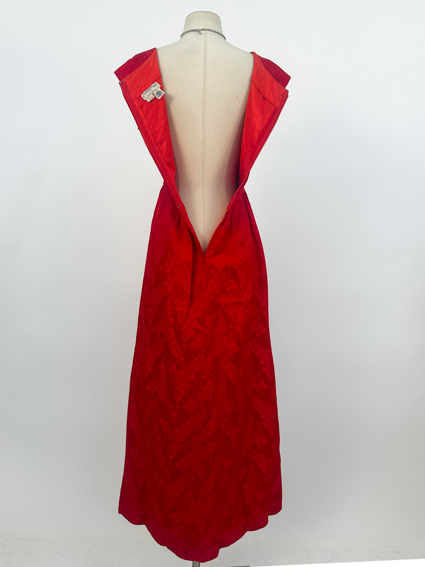 1960s Red Embossed Floral Satin Gown by Emma Domb / Waist 30"