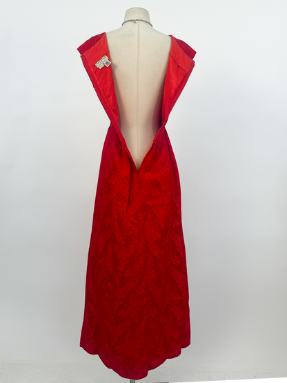 1960s Red Embossed Floral Satin Gown by Emma Domb / Waist 30"