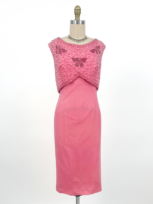 1960s Pink Chiffon Wiggle Dress with Beaded Bodice and Watteau Train / Waist 30