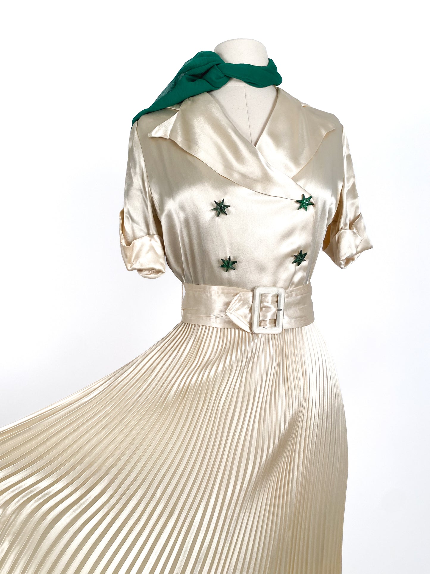 1930s Pleated Silk Satin Gown / Waist 28