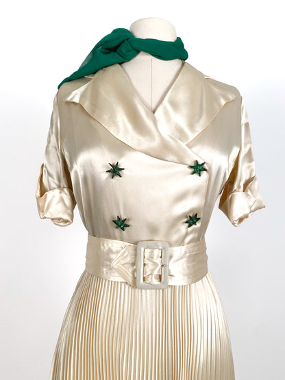 1930s Pleated Silk Satin Gown / Waist 28