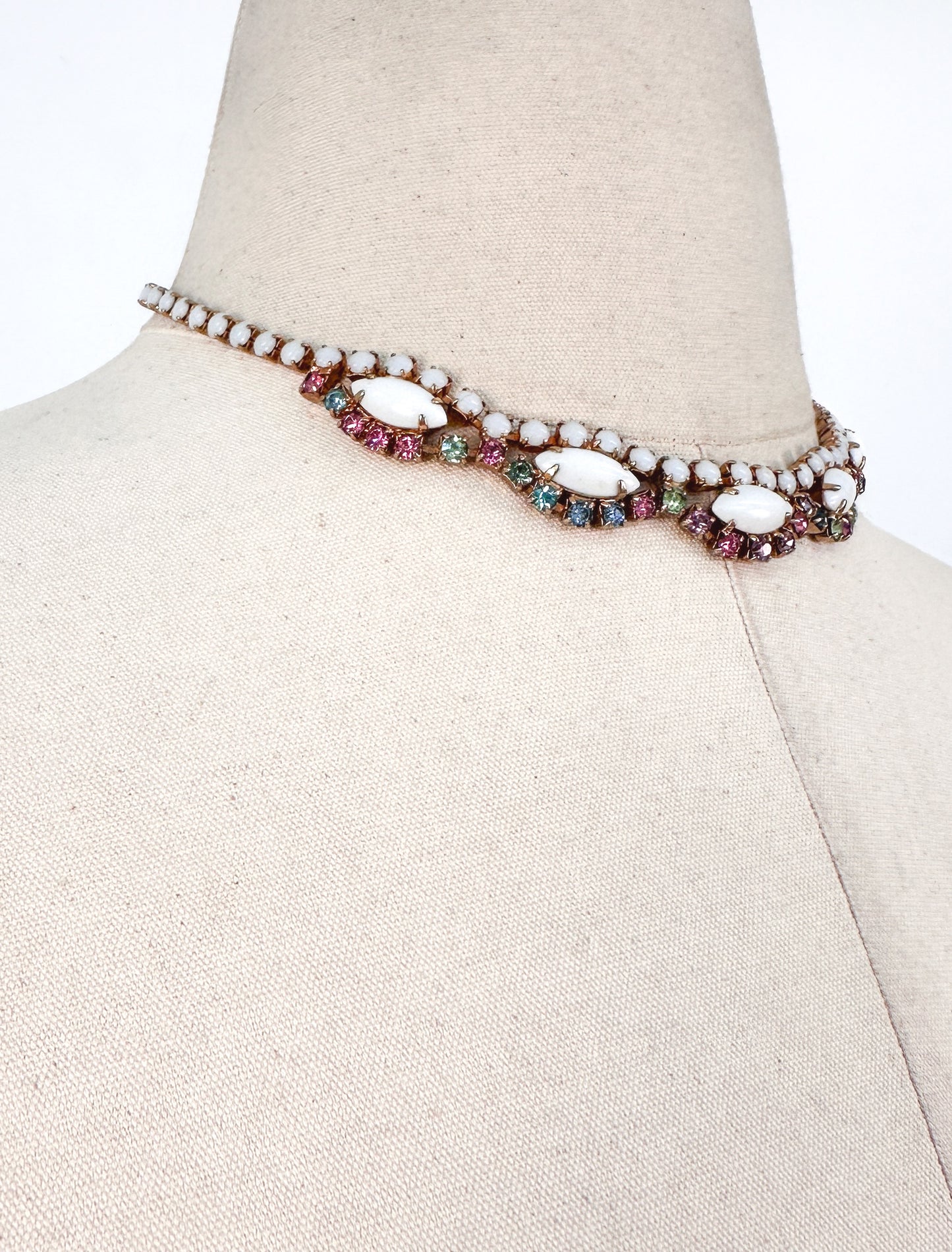 1950s White Enamel Multi-Colored Rhinestone Necklace
