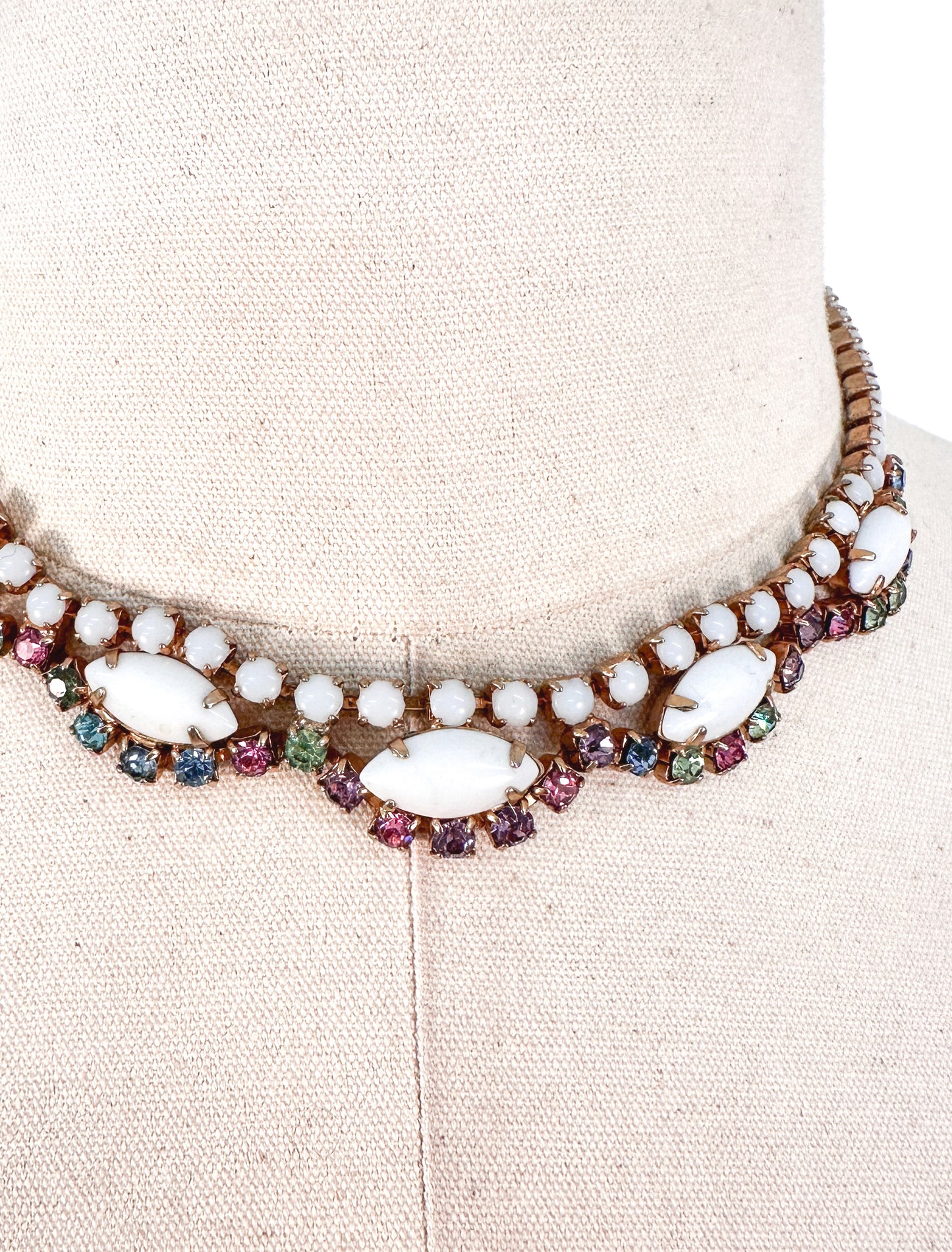 1950s White Enamel Multi-Colored Rhinestone Necklace