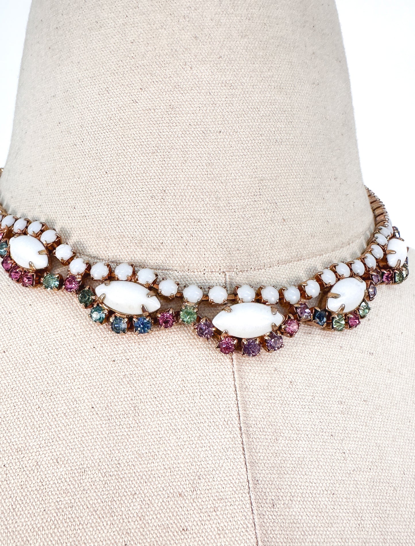 1950s White Enamel Multi-Colored Rhinestone Necklace