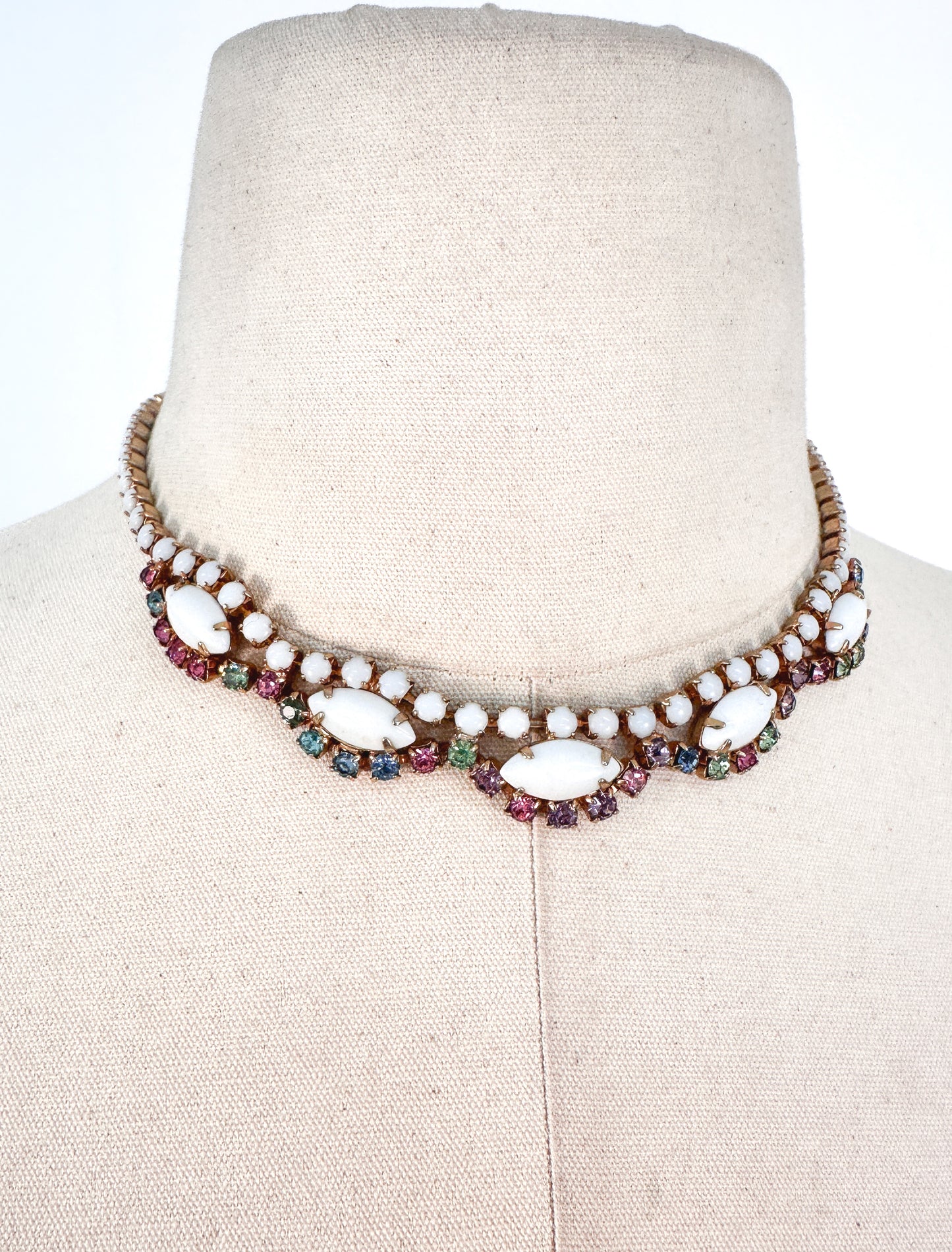 1950s White Enamel Multi-Colored Rhinestone Necklace