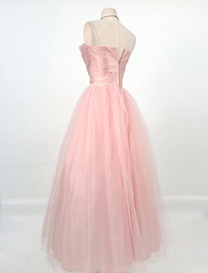 1950s Pretty in Pink Tulle and Organza Ballgown /Waist 26