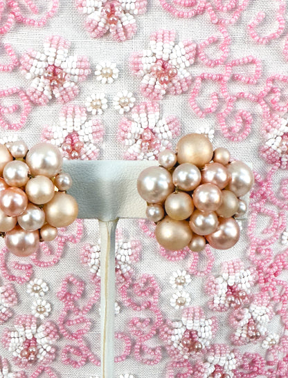 1950s Pink Pearl Necklace and Clip On Earrings Set