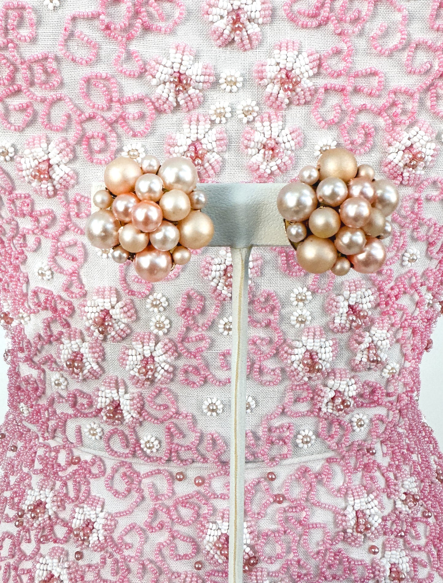 1950s Pink Pearl Necklace and Clip On Earrings Set