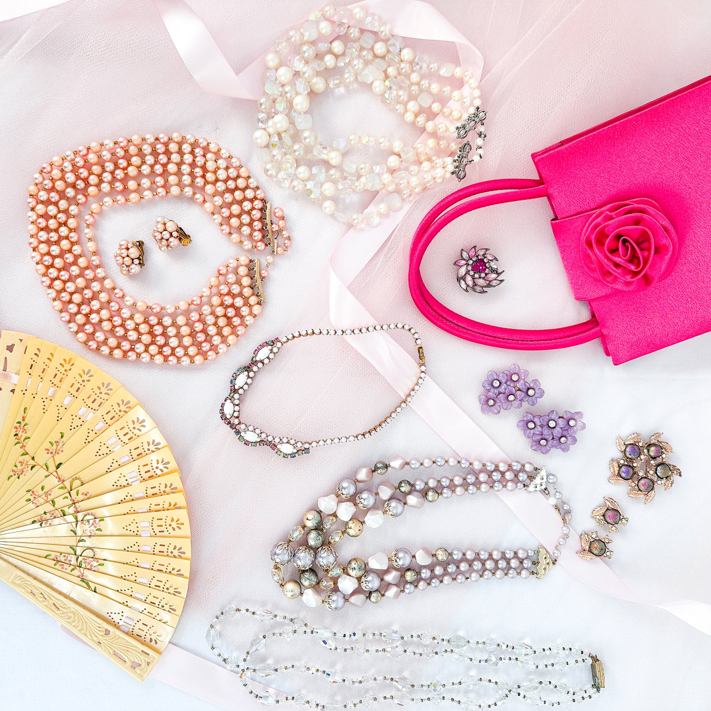 1950s Pink Pearl Necklace and Clip On Earrings Set