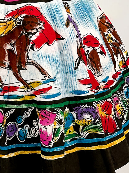 Rare 1950s Vibrant Hand Painted Matador Circle Skirt / Waist 26