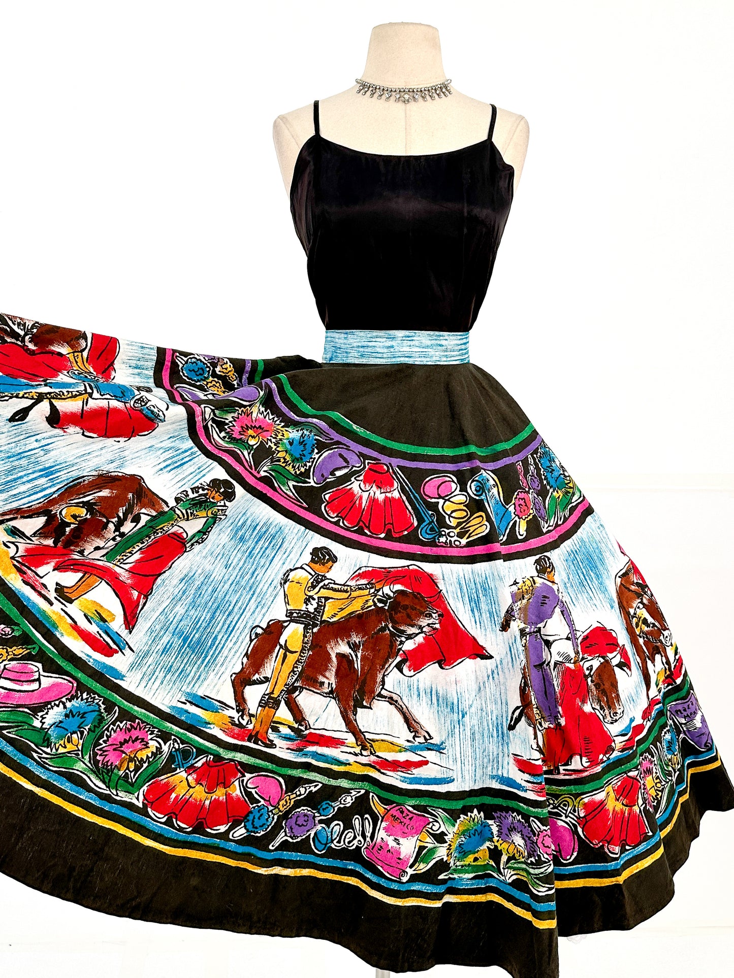 Rare 1950s Vibrant Hand Painted Matador Circle Skirt / Waist 26