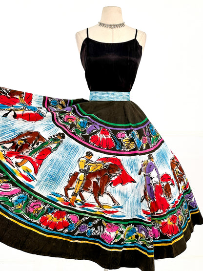 Rare 1950s Vibrant Hand Painted Matador Circle Skirt / Waist 26