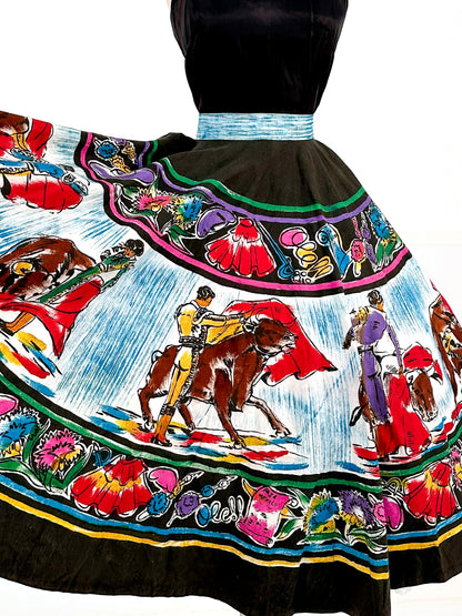 Rare 1950s Vibrant Hand Painted Matador Circle Skirt / Waist 26