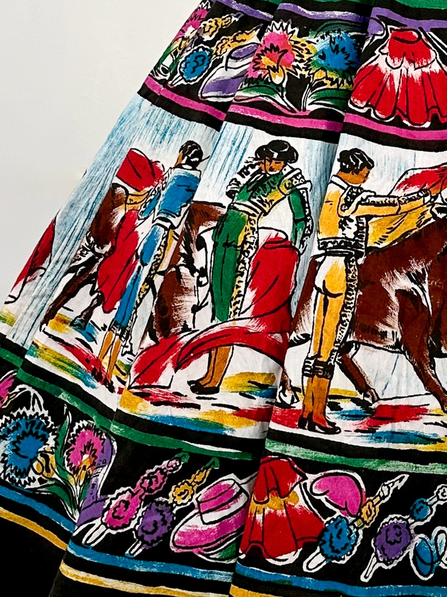 Rare 1950s Vibrant Hand Painted Matador Circle Skirt / Waist 26