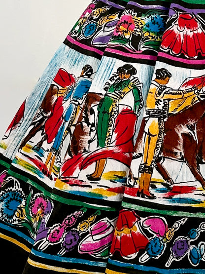 Rare 1950s Vibrant Hand Painted Matador Circle Skirt / Waist 26