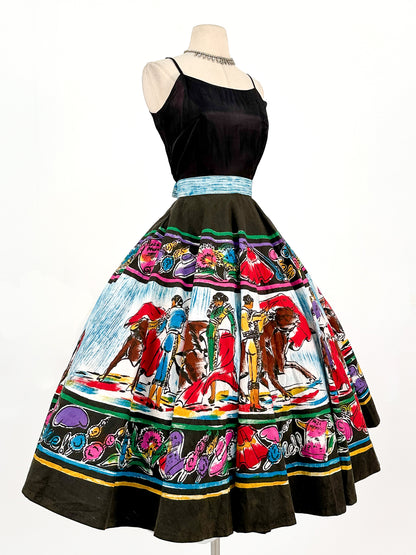 Rare 1950s Vibrant Hand Painted Matador Circle Skirt / Waist 26
