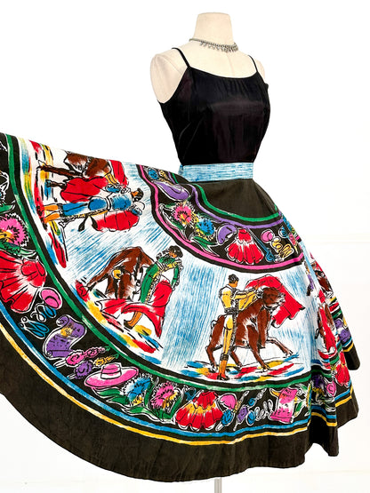 Rare 1950s Vibrant Hand Painted Matador Circle Skirt / Waist 26