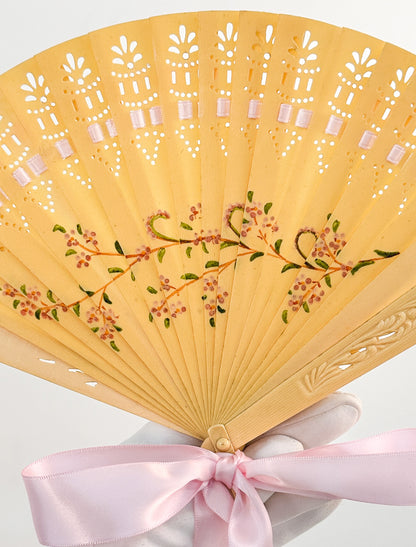 Late 1800s Antique Celluloid Hand Fan with Pink Flowers