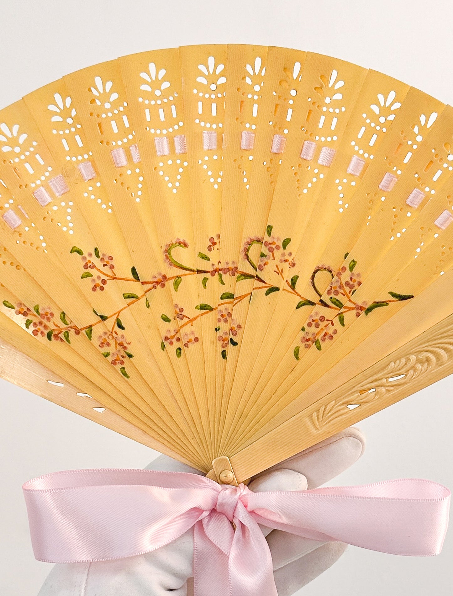 Late 1800s Antique Celluloid Hand Fan with Pink Flowers