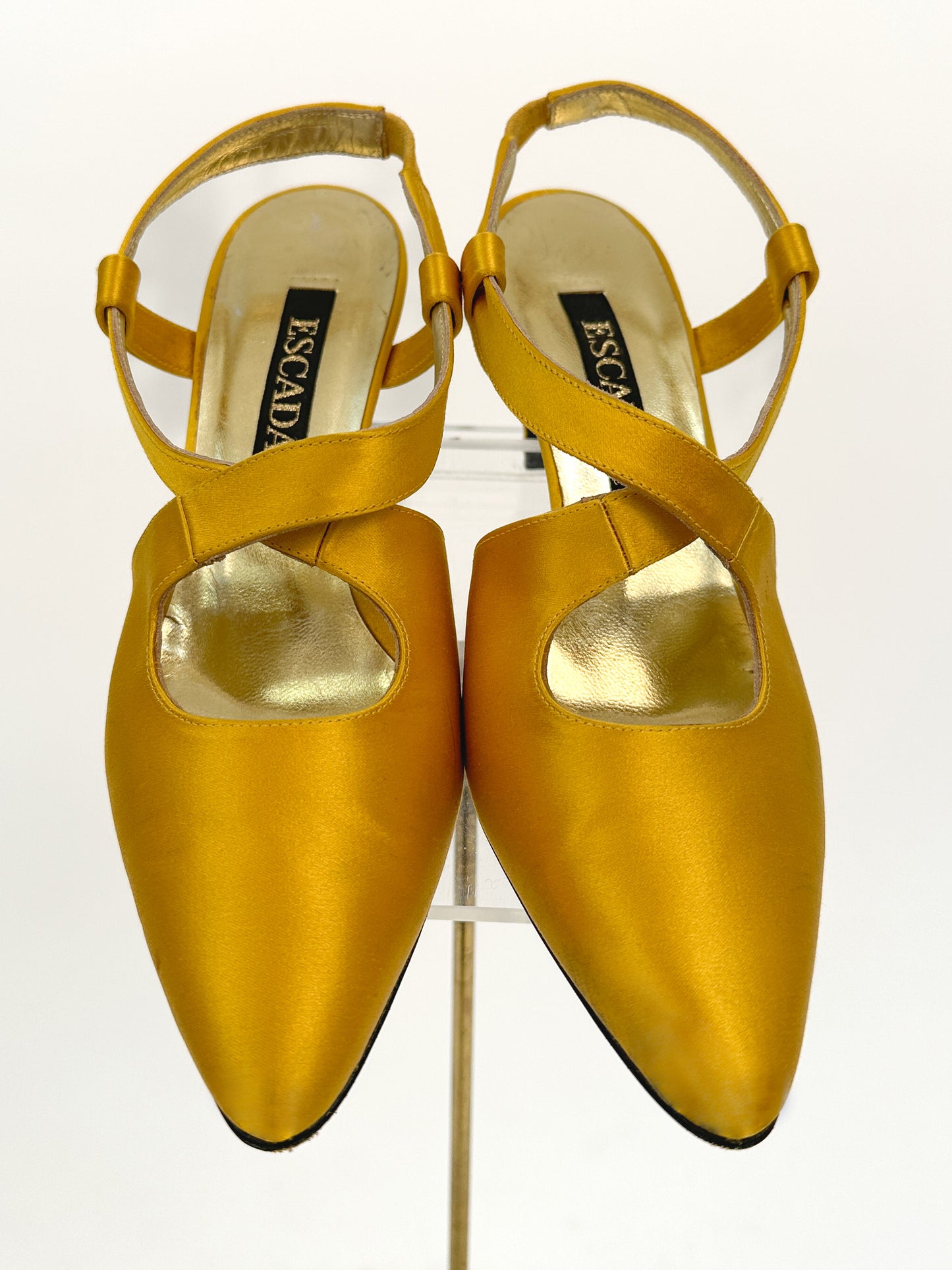 1990s Golden Yellow Satin Sling Backs / Size 6B