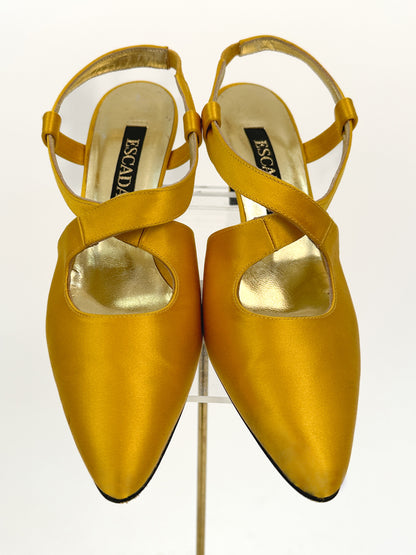 1990s Golden Yellow Satin Sling Backs / Size 6B