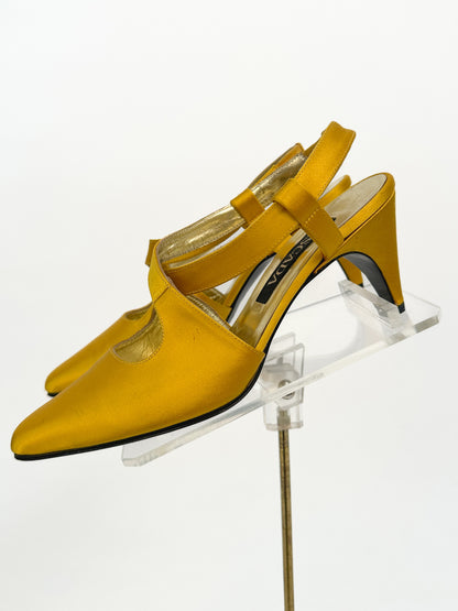 1990s Golden Yellow Satin Sling Backs / Size 6B