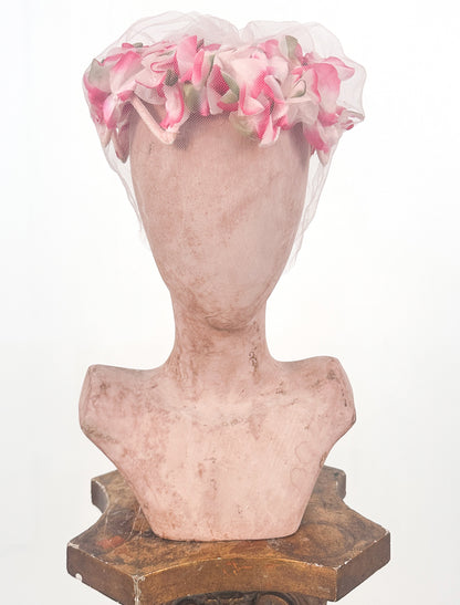 1950s Pink Floral Cage Fascinator with Light Pink Veil