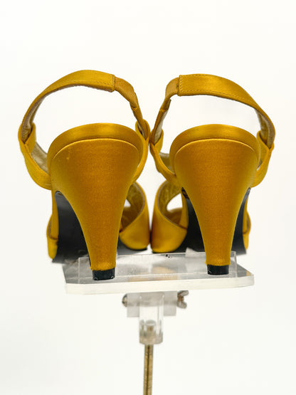 1990s Golden Yellow Satin Sling Backs / Size 6B