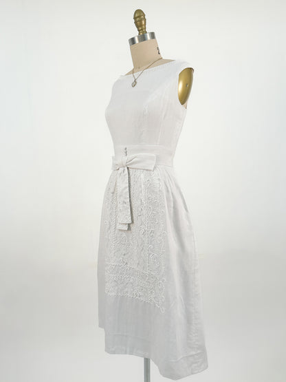 1950s Crisp White Linen Sundress with Decorative Skirt / Waist 26