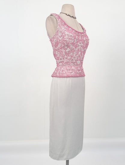 1960s Pink Beaded White Linen Dress / Waist 26-27