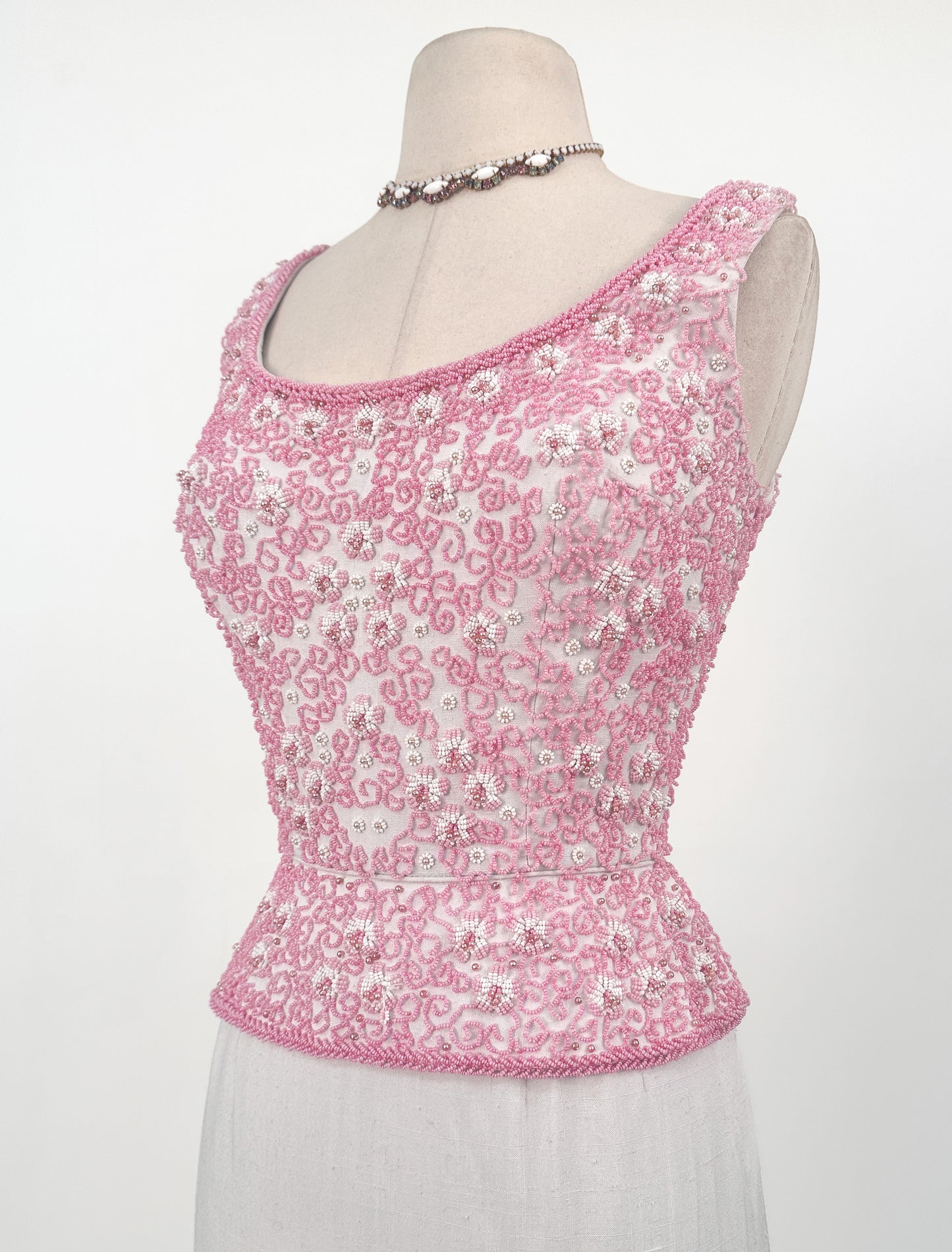 1960s Pink Beaded White Linen Dress / Waist 26-27