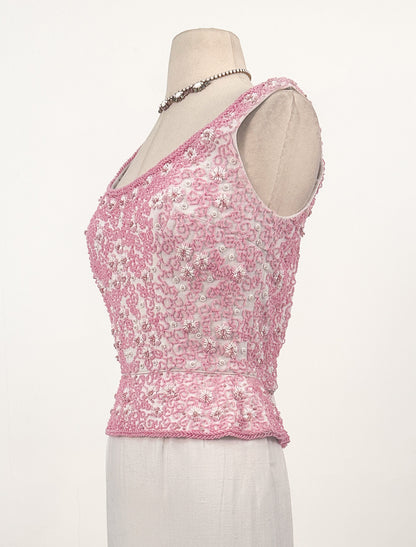 1960s Pink Beaded White Linen Dress / Waist 26-27