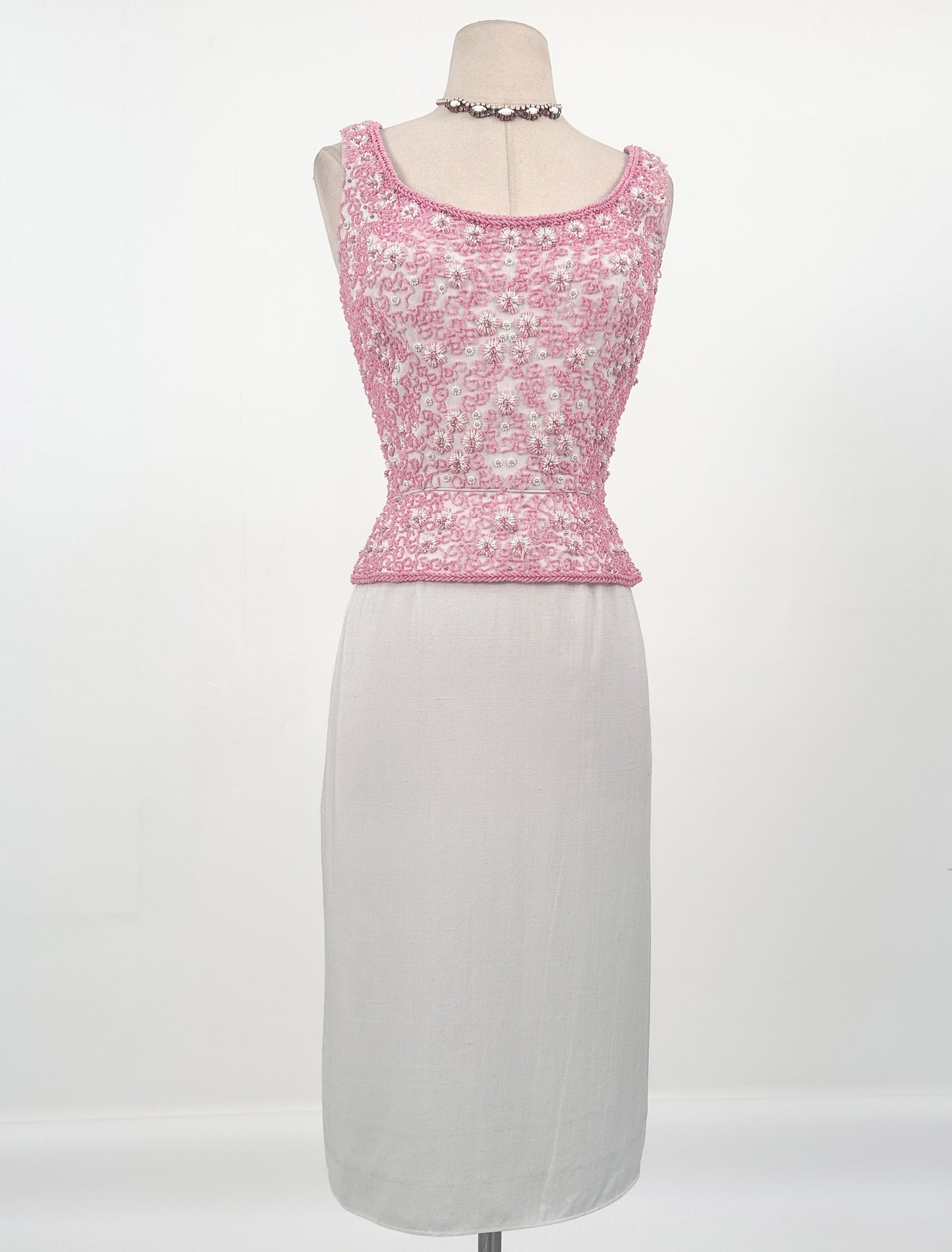 1960s Pink Beaded White Linen Dress / Waist 26-27