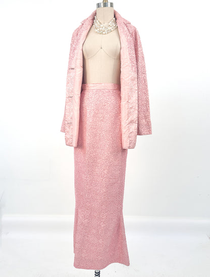 1950-60s Heavily Beaded Pink Jacket and Skirt Ensemble / Waist 26-27
