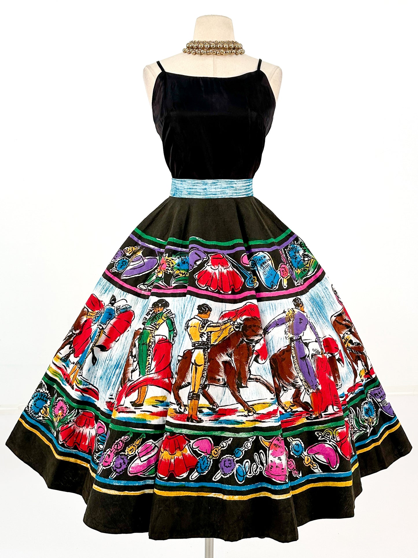 Rare 1950s Vibrant Hand Painted Matador Circle Skirt / Waist 26
