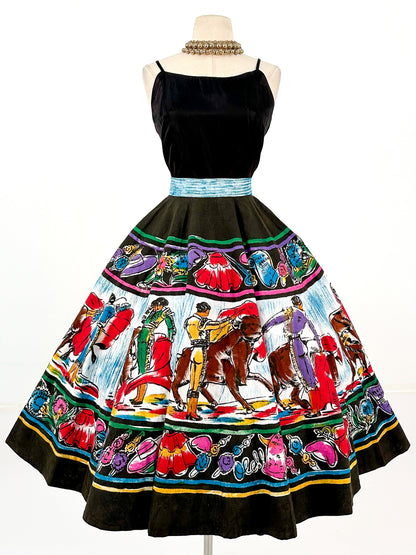 Rare 1950s Vibrant Hand Painted Matador Circle Skirt / Waist 26