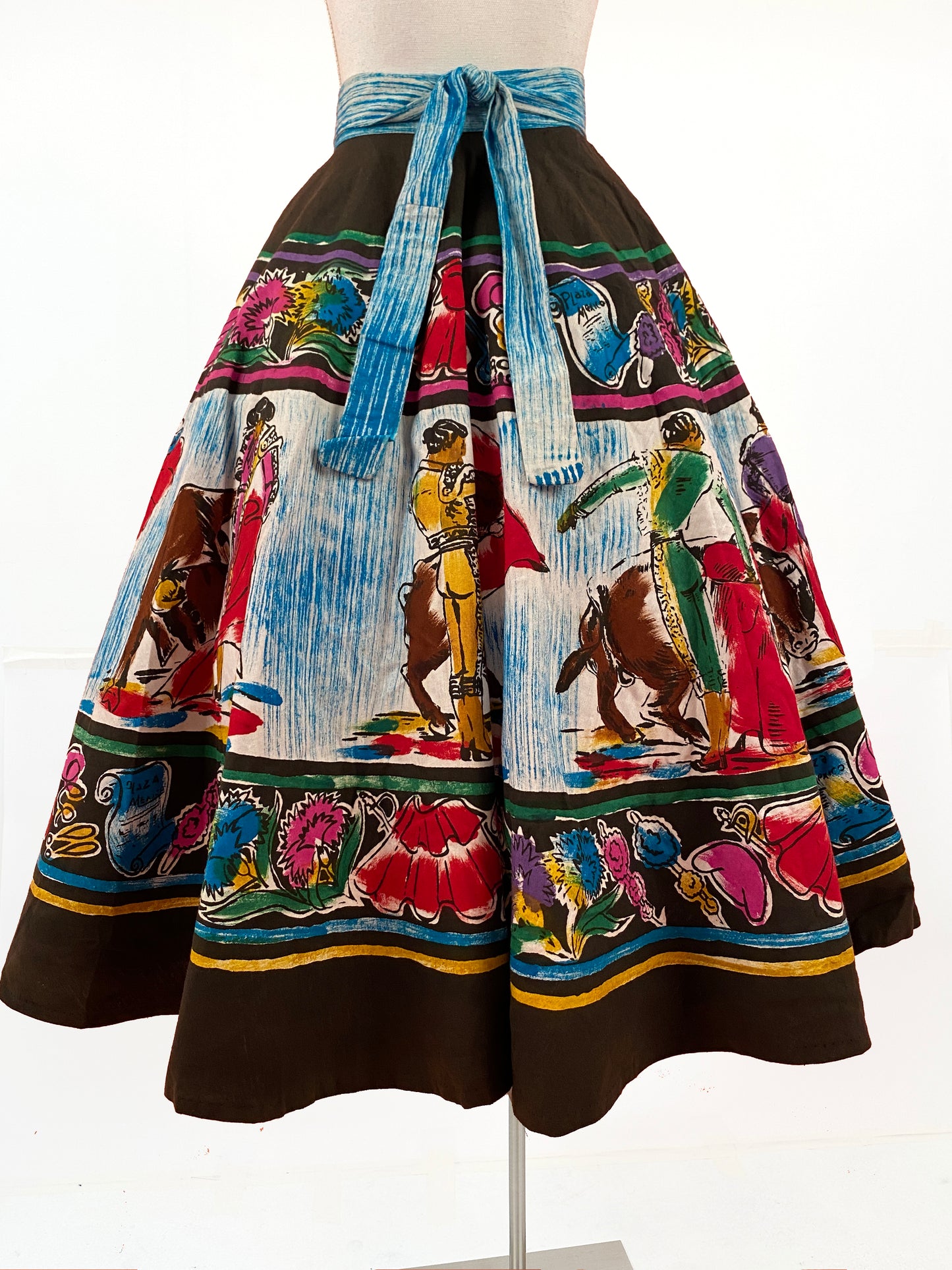 Rare 1950s Vibrant Hand Painted Matador Circle Skirt / Waist 26