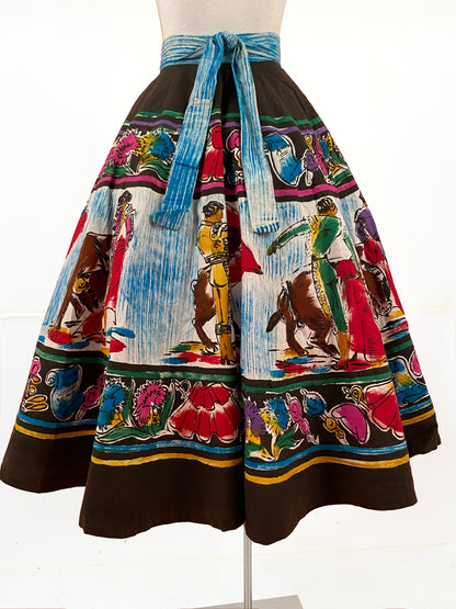 Rare 1950s Vibrant Hand Painted Matador Circle Skirt / Waist 26
