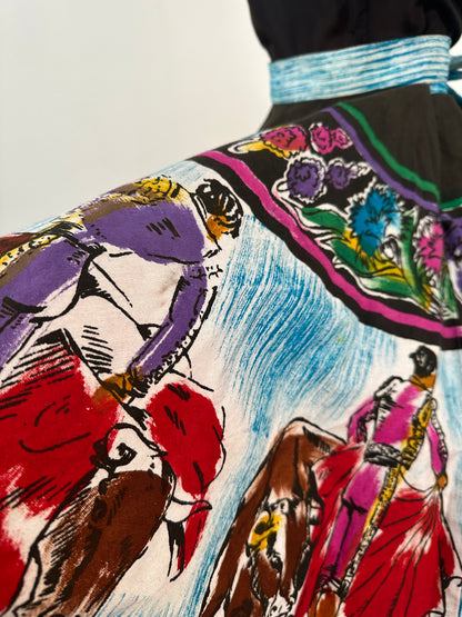 Rare 1950s Vibrant Hand Painted Matador Circle Skirt / Waist 26